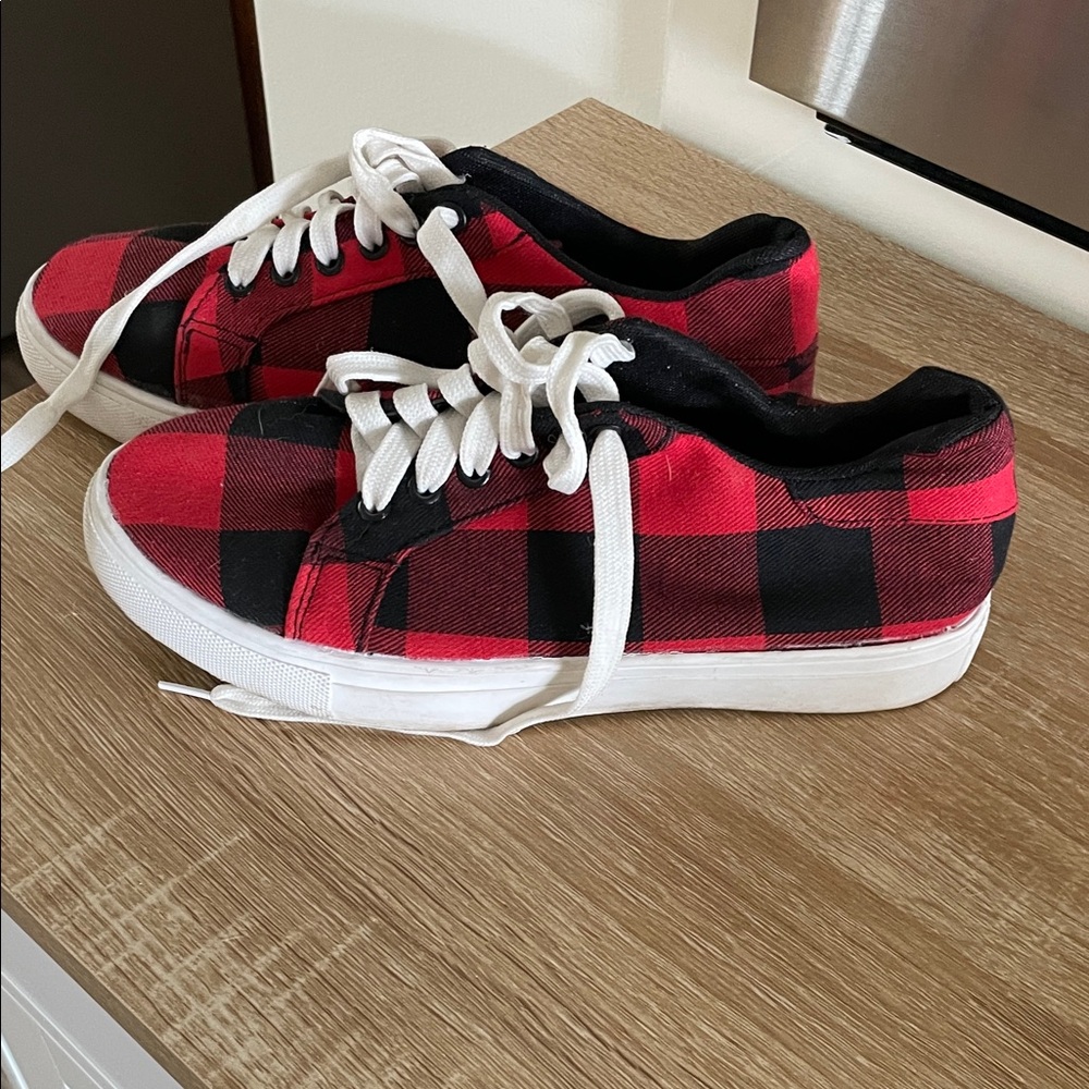 Red and Black Plaid Sneakers
